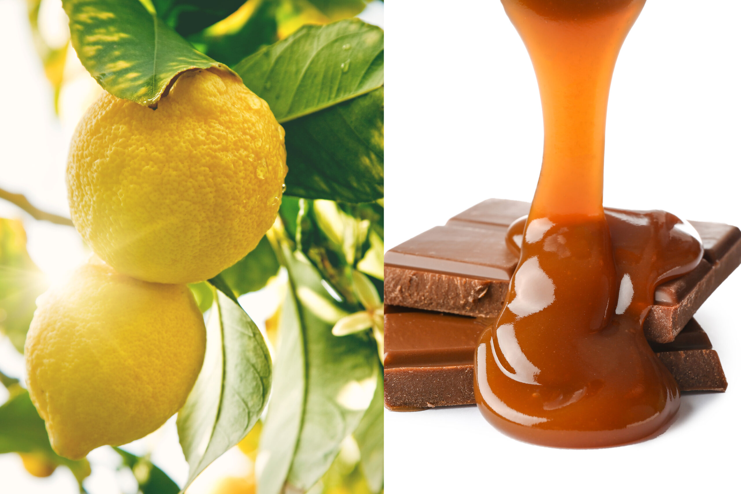 Pouring of liquid caramel onto chocolate on white background